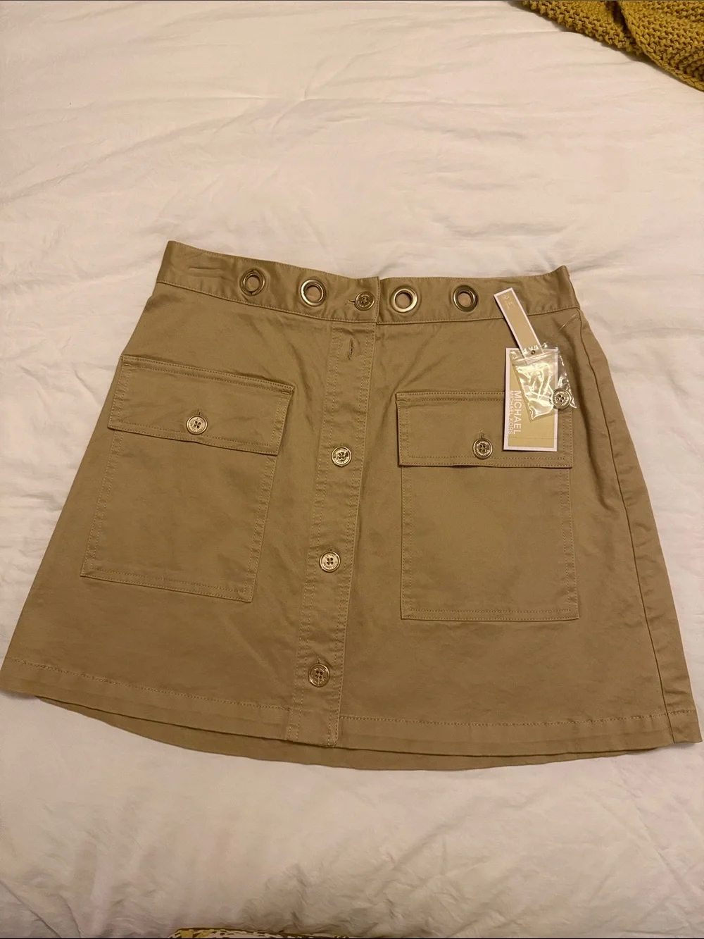 Michael Kors Tan Button-Front Mini Skirt with Grommet Waist